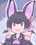  1girl :3 animal_ears bangs bat_ears bat_wings black_cape black_hair black_sailor_collar black_serafuku black_shirt blush cape collarbone commentary_request common_vampire_bat_(kemono_friends) extra_ears eyebrows_visible_through_hair fangs frilled_sleeves frills head_wings highres kemono_friends leek_(yugekihei) long_sleeves looking_at_viewer multicolored_hair open_mouth pink_hair purple_nails sailor_collar school_uniform serafuku shirt short_hair smile solo translation_request two-tone_hair violet_eyes wings 