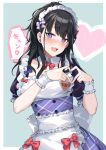  1girl @_@ apron bangs black_hair blue_background blue_bow blue_eyes blush bow bowtie breasts collarbone detached_collar dot_nose dress eyebrows_visible_through_hair frilled_dress frills hair_bow heart heart_hands highres idolmaster idolmaster_shiny_colors kazano_hiori long_hair looking_at_viewer maid maid_apron maid_headdress medium_breasts mrpeanut_88 multicolored_eyes open_mouth parted_lips plaid plaid_dress ponytail purple_bow red_bow red_bowtie short_sleeves sidelocks simple_background solo speech_bubble sweatdrop swept_bangs upper_body violet_eyes wrist_cuffs 