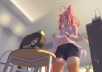  1girl absurdres ahoge animal_ear_fluff animal_ears bike_shorts black_shorts blue_eyes breasts cat_ears cat_girl cellphone clothes_lift earphones electric_fan from_below groin hair_bobbles hair_ornament highres hinata_channel indoors long_hair low-tied_long_hair low_twintails navel nekomiya_hinata orange_legwear phone pink_hair shirt_lift short_shorts shorts skindentation small_breasts smartphone solo table tank_top tenroy thigh-highs thighs twintails very_long_hair virtual_youtuber watch watch white_tank_top 