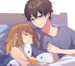  1boy 1girl amicia_michella bangs bed bird black_eyes black_hair blonde_hair blue_shirt blush chika_(2343_chika) closed_mouth doll_hug gradient_hair holding_hands multicolored_hair nijisanji nijisanji_id object_hug open_mouth penguin pillow shirt sleeping smile streaked_hair sweater taka_radjiman virtual_youtuber 