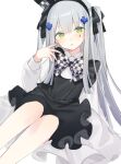  1girl apron bangs black_apron black_hairband black_ribbon bow bowtie checkered_bow checkered_bowtie checkered_clothes commentary dress eyebrows_visible_through_hair facial_mark fei_(songyijie) frilled_apron frills girls_frontline green_eyes grey_hair hair_between_eyes hair_ornament hair_ribbon hairband hat highres hk416_(black_kitty&#039;s_gift)_(girls&#039;_frontline) hk416_(girls&#039;_frontline) long_hair long_sleeves looking_at_viewer mini_hat official_alternate_costume open_mouth ribbon simple_background sitting solo two_side_up white_background white_dress younger 