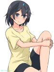  1girl absurdres bangs bike_shorts black_hair black_shorts blue_eyes casual closed_mouth commentary head_wings highres hugging_own_legs interlocked_fingers kemono_friends knee_up looking_at_viewer own_hands_together shiraha_maru shirt short_hair short_sleeves shorts simple_background sitting sketch smile solo superb_bird-of-paradise_(kemono_friends) t-shirt white_background yellow_shirt 