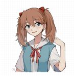  1girl bangs blue_eyes blush brown_hair collared_shirt cropped_torso dango_(uni_520) eyebrows_visible_through_hair hair_between_eyes headgear highres long_hair looking_to_the_side neck_ribbon neon_genesis_evangelion open_mouth red_ribbon ribbon sailor_collar sailor_shirt shirt short_sleeves sketch solo souryuu_asuka_langley twintails upper_body white_background white_sailor_collar white_shirt 