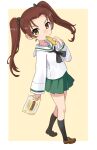  1girl bangs black_legwear brown_eyes brown_hair commentary_request eating full_body girls_und_panzer green_skirt kadotani_anzu katahira_masashi kneehighs long_hair long_sleeves looking_at_viewer ooarai_school_uniform parted_bangs pleated_skirt sailor_collar school_uniform serafuku skirt solo twintails white_sailor_collar 