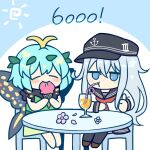 2girls anchor_symbol antennae aqua_hair barefoot black_headwear black_legwear black_sailor_collar black_skirt blue_eyes blush blush_stickers brown_footwear butterfly_wings caramell0501 chair chibi closed_eyes closed_mouth crossover cup dress drink drinking drinking_glass drinking_straw drinking_straw_in_mouth eating eternity_larva fairy flat_cap flower food green_dress hair_between_eyes hat hibiki_(kancolle) highres holding holding_food ice_cream kantai_collection leaf leaf_on_head long_hair long_sleeves multicolored_clothes multicolored_dress multiple_girls neckerchief pink_flower red_neckerchief sailor_collar school_uniform serafuku shoes short_hair silver_hair single_strap sitting skirt smile thigh-highs thumbs_up touhou wings 