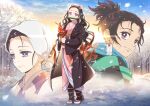  1boy 2girls absurdres bit_gag black_hair brown_hair checkered closed_mouth earrings full_body gag hanafuda haori highres holding holding_mask japanese_clothes jewelry kamado_kie kamado_nezuko kamado_tanjirou kimetsu_no_yaiba kimono long_hair looking_at_viewer mask mole mole_under_mouth multicolored_hair multiple_girls pink_eyes pink_kimono ponytail print_kimono smile snow snowing tabi tied_hair tomato_(kiiroitomato33) two-tone_hair very_long_hair violet_eyes 