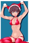  1girl :d adjusting_clothes adjusting_headwear arms_up bangs bikini blue_background blue_eyes border breasts brown_hair choker christmas commentary_request dark-skinned_female dark_skin eyebrows_visible_through_hair girls_und_panzer groin halterneck hat looking_at_viewer medium_breasts navel open_mouth outside_border red_bikini red_choker red_headwear red_legwear revision santa_bikini santa_hat shadow short_hair side-tie_bikini sitting smile solo suzuki_(girls_und_panzer) swimsuit tanaka_rikimaru thigh-highs white_border yokozuwari 