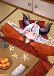  1girl absurdres ahoge bangs blush closed_mouth commentary_request demon_horns eyebrows_visible_through_hair hair_between_eyes highres hololive horns jacket kotatsu la+_darknesss long_hair long_sleeves looking_away lying on_back orange_hair outstretched_arms plaid plaid_jacket purple_hair red_jacket silver_hair sleeves_past_wrists solo spread_arms table tatami tissue_box virtual_youtuber yellow_eyes yukimachi_urei 