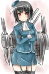  1girl arm_under_breasts bangs beret black_gloves black_hair blue_headwear breasts closed_mouth gloves grey_background hat high_collar highres kantai_collection kazc32s large_breasts military military_uniform red_eyes short_hair takao_(kantai_collection) uniform white_neckwear 