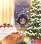  1girl autumn_leaves bangs blurry blurry_foreground christmas christmas_lights christmas_ornaments christmas_present christmas_tree closed_mouth curtains expressionless eyebrows_visible_through_hair food frilled_sleeves frills fruit gift ginkgo_leaf highres layered_sleeves long_sleeves looking_inside mirror night outdoors red_shirt rope rope_necklace shimenawa shirt short_hair short_over_long_sleeves short_sleeves snow solo strawberry strawberry_shortcake tatuhiro touhou turkey_(food) wallpaper_(object) white_sleeves window yasaka_kanako younger 