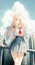  1girl absurdres blonde_hair breasts building cityscape clouds crop_top crop_top_overhang day grey_skirt hand_up high-waist_skirt highres kerno long_hair long_sleeves looking_at_viewer medium_breasts midriff navel neckerchief orange_eyes original outdoors pleated_skirt railing sailor_collar school_uniform serafuku shirt skirt smile solo standing thighs white_shirt 