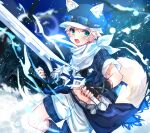  absurdres animal_ears ascot blue_eyes commentary_request commission fake_animal_ears hat highres holding holding_sword holding_weapon looking_at_viewer original satoe shorts skeb_commission solo standing sword weapon 