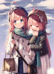  2girls absurdres ahoge arm_hug bag black_coat blue_eyes blue_headwear blue_skirt blush breath brown_headwear closed_eyes coat cold green_scarf hair_ornament hairclip hand_in_pocket hat highres kuri_(animejpholic) long_hair multiple_girls open_mouth original outdoors pink_hair scarf shared_scarf shirt siblings sisters skirt snow sweatdrop white_coat white_shirt white_skirt 