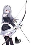 1girl absurdres arrow_(projectile) bangs bare_shoulders black_cat black_hairband black_jacket black_legwear black_necktie black_skirt bow_(weapon) cat commentary feet_out_of_frame hairband highres holding holding_bow_(weapon) holding_weapon jacket long_hair looking_at_viewer midriff miniskirt nail_polish necktie off_shoulder original red_eyes red_nails sheya silver_hair simple_background skirt skirt_set solo standing thigh-highs weapon white_background zettai_ryouiki 