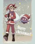 1boy belt black_hair blonde_hair boots bright_pupils brown_footwear brown_gloves christmas commentary duel_monster gloves hat highres holding holding_sack jacket kuriboh long_sleeves male_focus merry_christmas mutou_yuugi pants red_headwear red_jacket red_pants sack santa_hat short_hair soya_(sys_ygo) spiky_hair standing twitter_username violet_eyes white_pupils yu-gi-oh! 