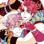  alternate_hairstyle battle_tendency caesar_anthonio_zeppeli candy chocolate covering_one_eye feather_hair_ornament feathers fingerless_gloves food gloves hair_ornament heart heart-shaped_chocolate highres holding holding_heart jojo_no_kimyou_na_bouken joseph_joestar joseph_joestar_(young) nail_polish nigelungdayo purple_hair redhead scarf spiky_hair striped striped_scarf triangle_print 