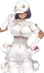  1girl aether_foundation_employee aether_foundation_uniform black_hair blush bodysuit breasts collar dark-skinned_female dark_skin elbow_gloves gloves hand_on_hip hat hat_tip highres holding holding_poke_ball jumpsuit large_breasts marushin_(denwa0214) poke_ball poke_ball_(basic) pokemon pokemon_(game) pokemon_sm purple_hair short_hair simple_background tan thick_thighs thigh_gap thighs white_background white_bodysuit white_gloves white_headwear white_jumpsuit white_uniform yellow_eyes 