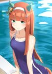  1girl animal_ears bangs bare_arms bare_shoulders blue_swimsuit blunt_bangs blush breasts closed_mouth dated eyebrows_visible_through_hair green_eyes highres hirota_fruit horse_ears horse_girl horse_tail long_hair looking_at_viewer one-piece_swimsuit orange_hair revision silence_suzuka_(umamusume) small_breasts smile solo swimsuit tail twitter_username umamusume very_long_hair water wet 