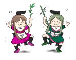  2girls apron arms_up back_bow bamboo bangs black_bow black_headwear black_legwear blush blush_stickers bow brown_hair closed_eyes closed_mouth dancing dress eyebrows_visible_through_hair green_dress green_footwear green_hair hands_up hat kasugai_(de-tteiu) leg_up multiple_girls nishida_satono pink_dress pink_footwear plant puffy_short_sleeves puffy_sleeves red_bow shoes short_hair short_hair_with_long_locks short_sleeves simple_background smile socks standing standing_on_one_leg tanabata teireida_mai touhou white_apron white_background yellow_bow 