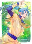  1boy blue_eyes blue_hair earrings elf gensou_suikoden highres ichiko_milk_tei jewelry long_hair looking_at_viewer male_focus open_mouth pointy_ears smile solo stallion_(suikoden) tied_hair 