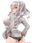  1girl ass black_panties blue_eyes blush breasts cowboy_shot eyebrows_visible_through_hair grey_shirt hair_between_eyes highres kantai_collection kashima_(kancolle) large_breasts long_hair long_sleeves looking_at_viewer looking_back open_mouth panties shirt silver_hair simple_background solo takase_muh twintails twitter_username underwear white_background 