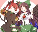  2girls :d animal_ears arm_cannon braid brown_hair cape cat_ears dress feathered_wings forked_tail full_body kaenbyou_rin light_blush long_hair looking_at_viewer multiple_girls nekomata red_eyes redhead reiuji_utsuho sasaki_sakiko seiza simple_background sitting smile sparkle star_(symbol) star_print tail touhou twin_braids twintails v very_long_hair weapon wings 