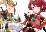 2girls absurdres bangs black_gloves blonde_hair breasts chest_jewel dress earrings elbow_gloves fingerless_gloves gloves headpiece highres jewelry large_breasts long_hair multiple_girls mythra_(massive_melee)_(xenoblade) mythra_(xenoblade) one_eye_closed pyra_(xenoblade) red_eyes redhead revision short_dress short_hair smash_invitation super_smash_bros. super_smash_bros._logo swept_bangs tiara very_long_hair white_gloves xenoblade_chronicles_(series) xenoblade_chronicles_2 yellow_eyes yuuki_shin 