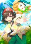  1girl :d beanie brown_eyes brown_hair clouds commentary_request day eyelashes green_shorts hat highres leaves_in_wind looking_at_viewer medium_hair midori_(032_pokemon) open_mouth outdoors outstretched_arm pokemon pokemon_(creature) pokemon_(game) pokemon_sm red_headwear rowlet sand selene_(pokemon) shirt shore short_sleeves shorts sky smile spread_fingers teeth tied_shirt tongue water yellow_shirt 