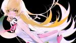  1girl absurdres black_background blonde_hair blush bracelet doughnut dress floating_clothes floating_hair food food_in_mouth hair_between_eyes highres jewelry long_hair mazamuno monogatari_(series) oshino_shinobu pink_ribbon pointy_ears ribbon sleeveless white_dress yellow_eyes 