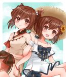  2girls brown_eyes brown_hair casual cocoperino collarbone double_bun dress dual_persona hat kantai_collection multicolored_clothes multiple_girls open_mouth round_teeth short_hair sitting skirt smile straw_hat sun_hat sundress tan_yang_(kancolle) teeth upper_teeth white_dress yukikaze_(kancolle) 