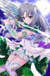  1girl ahoge alternative_girls angel_wings closed_mouth dress eyebrows_visible_through_hair fighting_stance full_moon hair_ornament highres holding holding_sword holding_weapon jewelry kira_sayuri long_hair looking_at_viewer moon official_art silver_hair smile solo sword violet_eyes weapon white_dress white_feathers white_legwear wings 