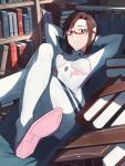  1girl arms_behind_head bodysuit book bookshelf breasts brown_hair crossed_legs evangelion:_3.0+1.0_thrice_upon_a_time foot_out_of_frame glasses hairband hammock highres long_hair looking_at_viewer lying makinami_mari_illustrious medium_breasts neon_genesis_evangelion on_back plugsuit rebuild_of_evangelion red-framed_eyewear smile soles solo twintails white_bodysuit yakisobaosu 