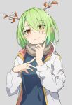  1girl alternate_hair_length alternate_hairstyle antlers braid braided_bangs ceres_fauna edchi eyebrows_visible_through_hair green_hair highres hololive hololive_english jacket looking_at_viewer mole mole_under_eye short_hair smile solo yellow_eyes 