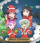  4girls :&lt; :d absurdres animal_ears artist_request bird_wings black_bow black_hair black_hairband black_ribbon black_wings blue_background blush bow braid brown_eyes cat_ears cat_tail christmas_tree closed_mouth commentary_request extra_ears eyeball eyebrows_visible_through_hair gift gloves green_eyes green_hair hair_bow hair_ornament hairband hat heart heart_hair_ornament highres holding holding_gift kaenbyou_rin komeiji_koishi komeiji_satori medium_hair merry_christmas multiple_girls multiple_tails nekomata o3o one_eye_closed open_mouth pink_eyes pink_hair red_eyes red_gloves redhead reiuji_utsuho ribbon santa_costume santa_hat short_hair smile snowflakes snowman tail third_eye touhou twin_braids wavy_hair wings 