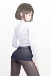  1girl ass bangs brown_hair collared_shirt earrings from_behind glasses jewelry looking_at_viewer office_lady original pantyhose pink_eyes shirt short_hair simple_background smile sogdin solo standing white_background white_shirt 