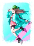  1girl :d bike_shorts brown_hair buttons commentary_request full_body green_jacket hair_flaps hand_on_headwear hand_up highres jacket knees leaf_(pokemon) leg_up long_hair long_sleeves meganesannn022 official_alternate_costume open_clothes open_jacket open_mouth pink_shirt pokemon pokemon_(game) pokemon_masters_ex shirt shoes sidelocks smile sneakers solo teeth tongue upper_teeth 