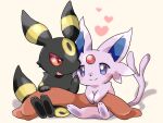  blush chibi closed_mouth commentary_request espeon fang forehead_jewel heart kana_(maple926) no_humans pokemon pokemon_(creature) redhead shadow simple_background sitting skin_fang smile split_mouth toes umbreon violet_eyes white_background 