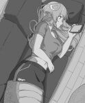  1girl absurdres artist_name breasts collarbone commission commissioner_upload couch fikkyun hair_between_eyes hair_ornament highres holding holding_phone lamia long_hair lying medium_breasts miia_(monster_musume) monochrome monster_girl monster_musume_no_iru_nichijou navel phone shirt skirt 