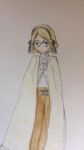  1girl black_ribbon blonde_hair cape glasses graphite_(medium) hands_on_own_chest hina_himeyami louisa_may_alcott own_hands_together ribbon tareme traditional_media 