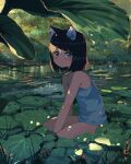  1girl absurdres animal_ears aqua_eyes bangs bare_arms bare_legs bare_shoulders black_hair blush bob_cut camisole cat_ears commentary eyebrows_visible_through_hair highres kgt_(pixiv12957613) leaf looking_at_viewer original outdoors partially_submerged short_hair shorts solo tank_top water 