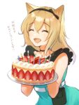  1girl ^_^ absurdres animal_ear_fluff animal_ears arknights bangs bare_shoulders birthday_cake black_choker blonde_hair blue_dress cake can_d candle choker closed_eyes collarbone commentary_request dog_ears dress eyebrows_visible_through_hair fire food fruit hair_between_eyes hands_up highres holding holding_tray long_hair podenco_(arknights) simple_background sleeveless sleeveless_dress solo strawberry translation_request tray white_background 