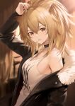  1girl aizawa_masaya animal_ears arknights arm_up bangs bare_shoulders black_jacket black_nails blonde_hair blurry blurry_background breasts brown_eyes choker commentary curtains from_side fur-trimmed_jacket fur_trim hair_between_eyes highres jacket large_breasts leather leather_jacket lion_ears long_hair long_sleeves looking_at_viewer looking_to_the_side mouth_hold off_shoulder open_clothes open_jacket ponytail print_tank_top siege_(arknights) solo tank_top upper_body 