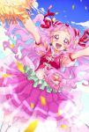  1girl :d back_bow bow cheerleader clouds clover_earrings confetti cure_yell double_bun flower hair_bow hair_cones hair_flower hair_ornament hair_ribbon highres hugtto!_precure large_bow layered_skirt long_hair looking_at_viewer magical_girl navel nono_hana okimochi open_mouth outstretched_arms pink_bow pink_eyes pink_hair pink_shirt pink_skirt pom_pom_(cheerleading) pouch precure puffy_sleeves red_bow red_ribbon ribbon shirt skirt sky smile solo spread_arms thick_eyelashes thigh-highs white_legwear zettai_ryouiki 