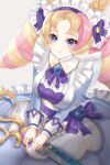  1girl absurdres bangs blonde_hair blue_bow blue_bowtie blue_dress blue_eyes bow bowtie breasts cafe_cuties_gwen closed_mouth collared_dress dress frills gem grey_background gwen_(league_of_legends) hair_bow hair_cones highres hnnk_buta large_breasts league_of_legends long_dress long_sleeves looking_at_viewer maid_headdress multicolored_hair open_mouth parted_bangs pink_hair solo star-shaped_pupils star_(symbol) symbol-shaped_pupils twin_drills twintails two-tone_hair 