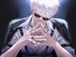  1boy black_jacket chain_necklace chest_harness collared_shirt earrings facing_viewer gojou_satoru hair_between_eyes harness highres jacket jacket_on_shoulders jewelry jujutsu_kaisen leaning_forward looking_at_viewer looking_over_eyewear male_focus myuchiisu own_hands_together partially_unbuttoned ring round_eyewear shirt solo steepled_fingers sunglasses twitter_username white_hair 