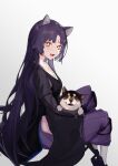  1girl :d absurdres animal arknights black_hair breasts commentary dog eyeliner facial_mark forehead_mark gloves highres hug long_hair looking_at_viewer makeup miyazaki-san_(mmyyzk) saga_(arknights) shiba_inu smile solo white_legwear yellow_eyes 