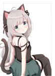  1girl absurdres ahoge animal_ears arknights black_legwear black_ribbon black_shirt blue_eyes blush cat_ears cat_girl cat_tail collar commentary feet_out_of_frame from_behind green_skirt grey_hair hair_ribbon highres infection_monitor_(arknights) long_hair looking_at_viewer looking_back mint_(arknights) rebaa ribbon shirt simple_background skirt smile solo tail thigh-highs very_long_hair white_background 