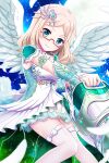  1girl alternative_girls angel_wings blonde_hair blue_eyes closed_mouth dress eyebrows_visible_through_hair full_moon glasses hair_ornament highres holding holding_weapon long_hair looking_at_viewer moon nakata_natalie night night_sky official_art sky smile solo weapon white_dress white_feathers white_legwear wings 