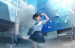  1girl ay6as bag bangs bird black_hair blue_eyes blush building city clouds collared_shirt day handbag looking_away looking_up open_mouth original scenery school_uniform shading_eyes shirt short_hair skirt sky skyscraper solo standing thighs uniform 