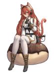  1girl absurdres animal_ears bangs blush boots cat_ears cat_girl cat_tail clothing_cutout darpi eris_greyrat frown headset highres looking_at_viewer mushoku_tensei red_eyes redhead shoulder_cutout simple_background sitting solo tail thighs tsundere uniform white_background 